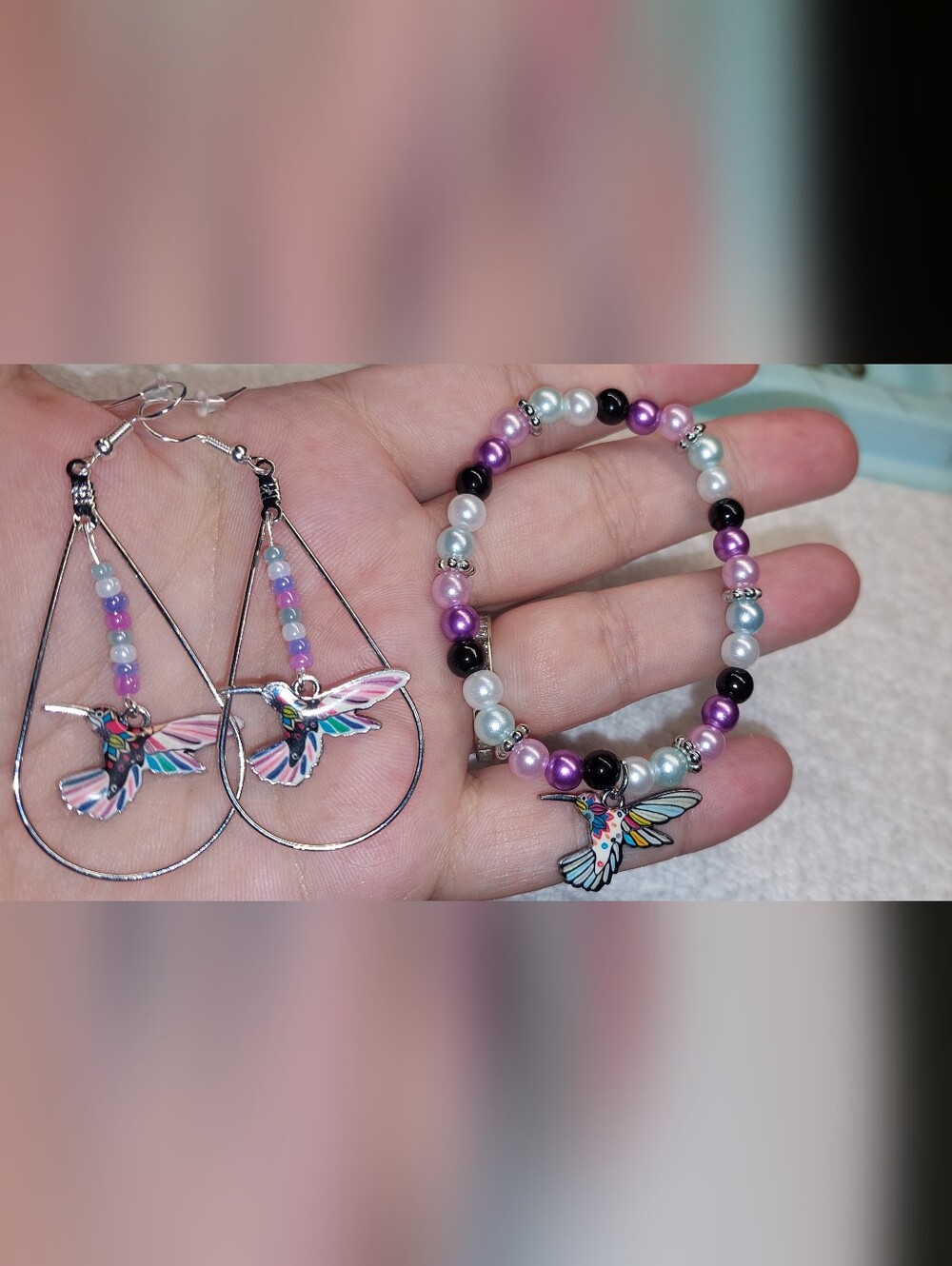 Multicolor Hummingbird Bead Earrings and Bracelet Set - Pink & Purple Accents